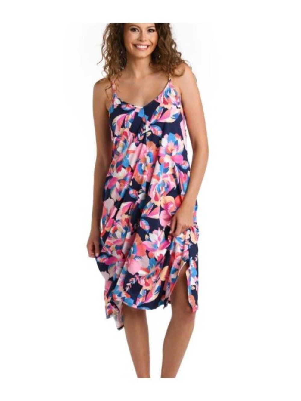 La Blanca Denim Bouquet Scarf Hem Dress Cover Up Sz L V Neck Shelf Bra Pockets